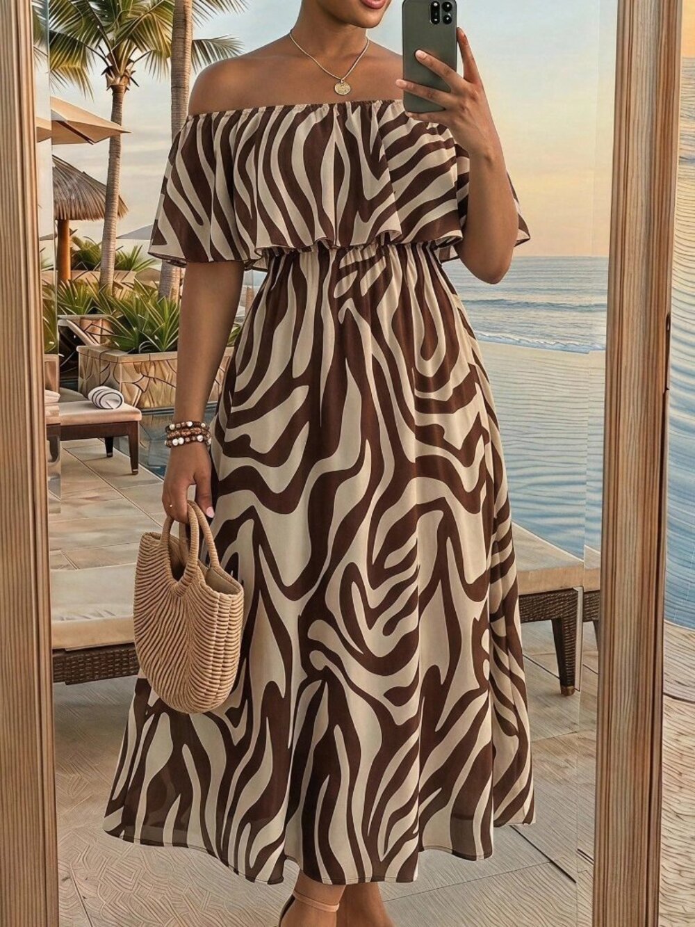 Multicolor Casual Women's Zebra Print Ruffle Off-Shoulder Dress